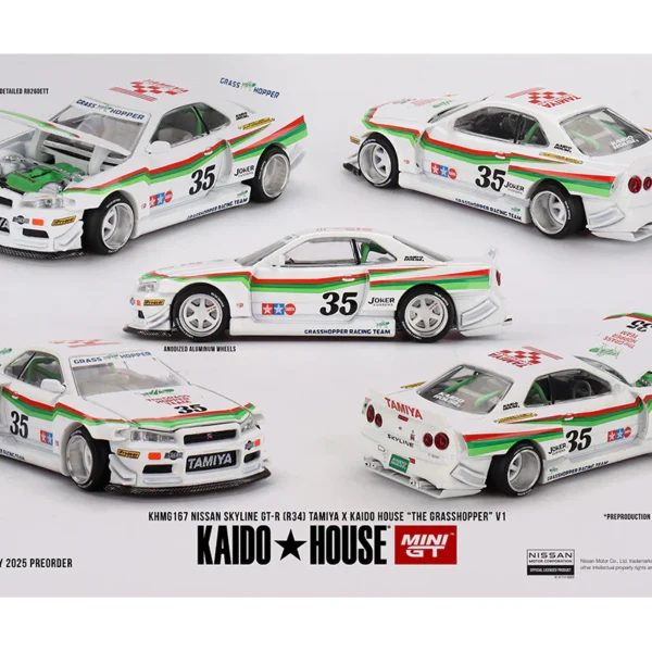 Kaido House x Mini GT 1:64 Nissan Skyline GT-R (R34) Tamiya X Kaido House “The Grasshopper” V1 – White, Ships on or before 9/13