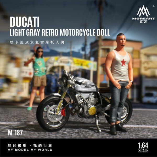 MoreArt 1:64 Ducati Light Grey Retro  Motorcycle and Doll