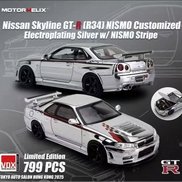 (Pre-Order) Motorhelix  2025 TAS Hong Kong Exclusive -  Skyline GT-R R34 Nismo - Electroplating Silver