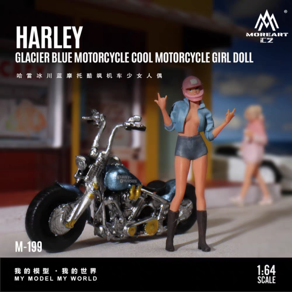 MoreArt 1:64 Harley Glacier Blue Motorcycle Cool Girl Figurine