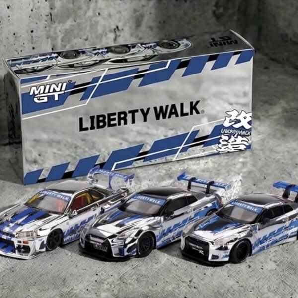 (Pre-Order) MINI GT LB-Works Nissan GT-R Series Chrome Silver Blue Stripes | 2026 Tokyo Autosalon Japan