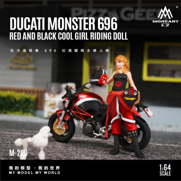 MoreArt 1:64 Ducati Monster 696 Motorcycle, Red and Black Cool Lady Rider