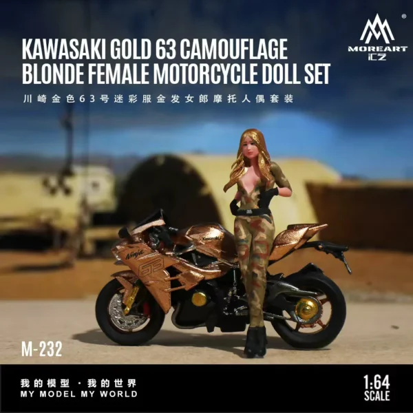 MoreArt 1:64 Kawasaki Gold No.63 Camouflage Blonde Girl Motorcycle Figure Set