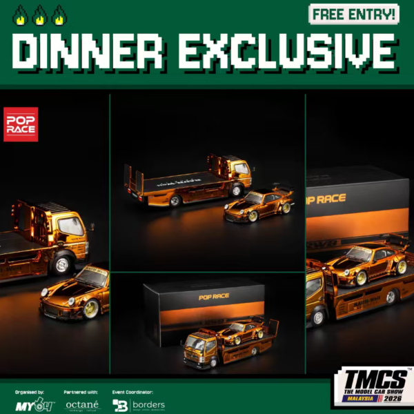 PopRace 1:64 2026 TMCS Malaysia Expo Exclusive RWB and Truck - Orange Chrome. DINNER EXCLUSIVE!
