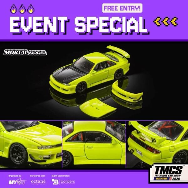 Mortal Model 1:64 2026 TMCS Malaysia  Expo Exclusive Silvia S14 240sx, Fluorescent Yellow (2 hoods included)