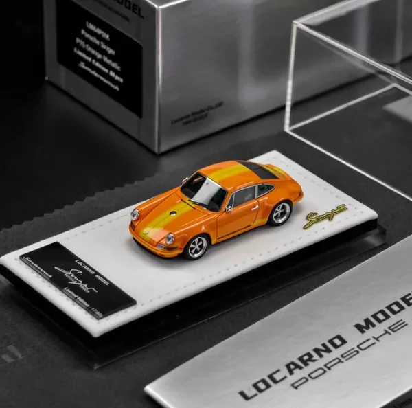 Locarno Model 1:64 Resin Porsche 911 Singer PTS Orange Metallic With Yellow Stripe