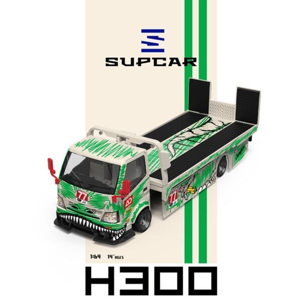 SupCar 1:64 H300 Flatbed Transport Trailer No. 77 White and Green Graffiti Green Dino