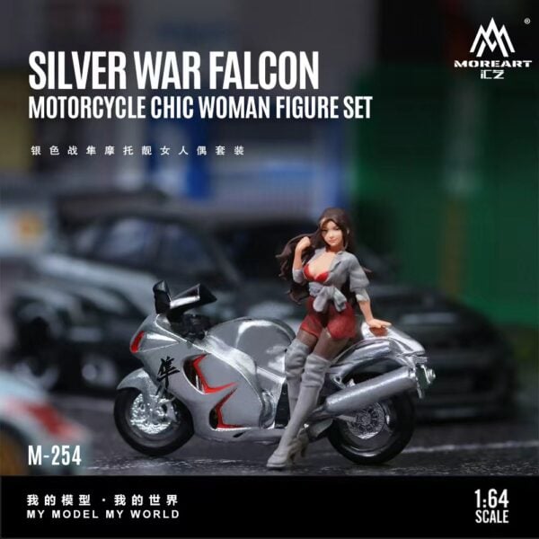 MoreArt 1:64 Silver War Falcon Motorcycle Chic Woman Doll Set Resin Model
