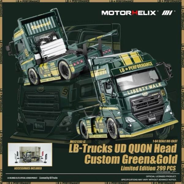 Motorhelix 1:64 LB- Trucks UD QUON Head Custom, Green & Gold-  Goldenwood Festival of Speed Exclusive. Limited to 299 Pieces